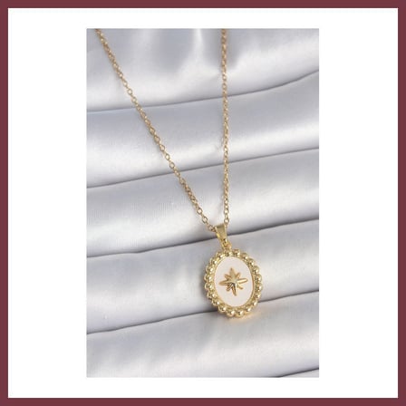 SHNSTORE 316L Çelik Gold Renk Zincir Beyaz Mineli Kutup Yıldız İşlemeli Madalyon Model Kadın Kolye SHN0720