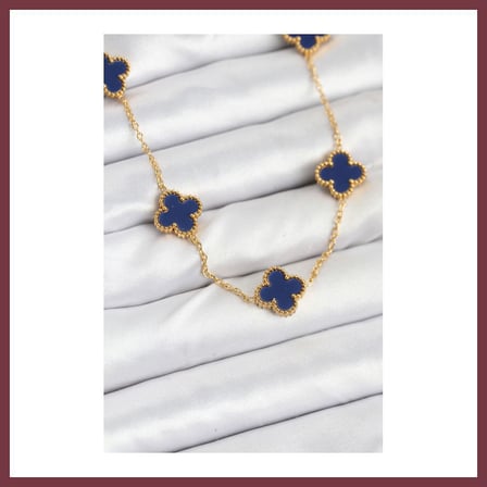 SHNSTORE 316L Çelik Zincir Gold Renk Lacivert Yonca Kadın Kolye SHN0720