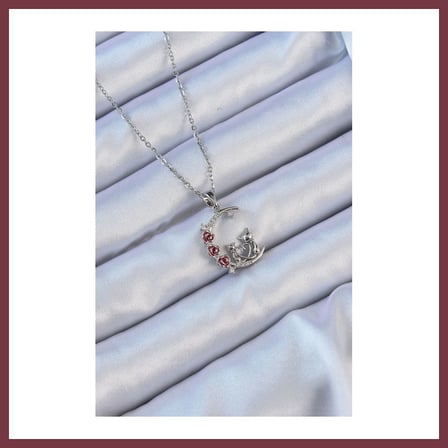 SHNSTORE 316L Çelik Zincir Gümüş Renk Kırmızı Gül Detay Kedi Figür Zirkon Taşlı Ay Kolye SHN0720