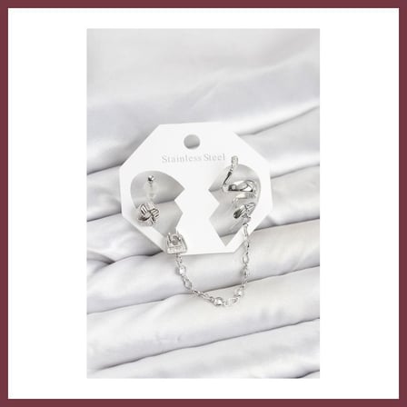 SHNSTORE Pirinç Gümüş Renk Yılan Model Zincir Bağlantılı Ear Cuff Küpe Seti SHN0720