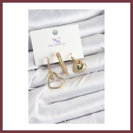 SHNSTORE Pirinç Zİrkon Taşlı Kalp Model Gold Renk 3'lü Kadın Küpe SHN0720