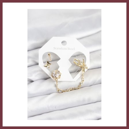SHNSTORE Pirinç Gold Renk Kelebekli Model Zincir Bağlantılı Ear Cuff Küpe Seti SHN0720