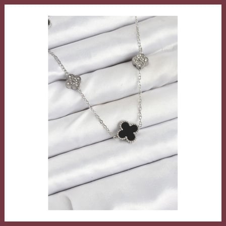 SHNSTORE 316L Çelik Zincir Gümüş Renk Siyah ve Zirkon Taşlı Yonca Kadın Kolye SHN0720