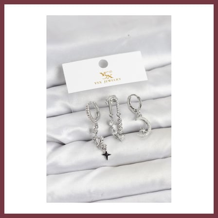 SHNSTORE Pirinç Gümüş Renk Zirkon Taşlı Uzay Model YSX Trio Küpe Seti SHN0720