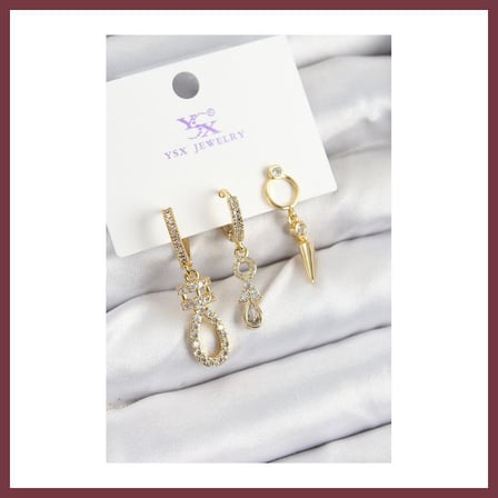 SHNSTORE Pirinç Zİrkon Taşlı Sallantılı Model Gold Renk 3'lü Kadın Küpe SHN0720