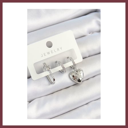 SHNSTORE Pirinç Zirkon Taşlı Kalp Model Gümüş Renk 3'lü Çift Kadın Küpe Set SHN0720