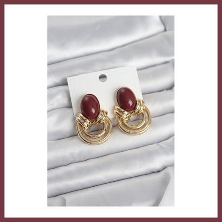 SHNSTORE Pirinç Gold Renk Bordo Taşlı Vintage Kadın Küpe SHN0720