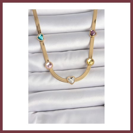 SHNSTORE 316L Çelik Gold Renk İtalyan Zincir Renkli Zirkon Taşlı Kalp Figür Kadın Kolye SHN0720