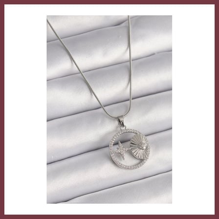 SHNSTORE 316L Çelik Gümüş Renk Zincir Zirkon Taşlı Yıldız Madalyon Model Kadın Kolye SHN0720