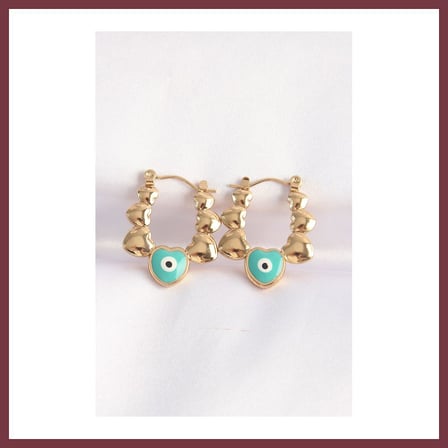 SHNSTORE 316L Çelik Gold Renk Mavi Nazarlı Kalpli Model Küpe SHN0720