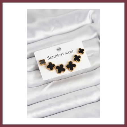 SHNSTORE 316L Çelik Gold Siyah Renk 3 Boy Yonca Küpe Seti SHN0720