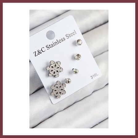 SHNSTORE 316L Çelik Zirkon Taşlı Kar Tanesi Model Gümüş Renk Kadın Set Küpe SHN0720