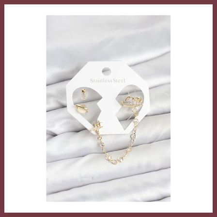 SHNSTORE Pirinç Gold Renk Uzay Model Zincir Bağlantılı Ear Cuff Küpe Seti SHN0720