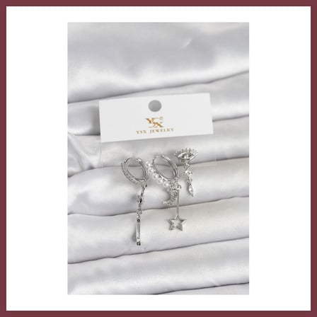 SHNSTORE Pirinç Gümüş Renk Zirkon Taşlı Gece Temalı 3'lü Kadın Küpe SHN0720