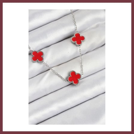 SHNSTORE 316L Çelik Zincir Gümüş Kırmızı Renk Yonca Kadın Kolye SHN0720