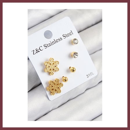 SHNSTORE 316L Çelik Zirkon Taşlı Kar Tanesi Model Gold Renk Kadın Set Küpe SHN0720