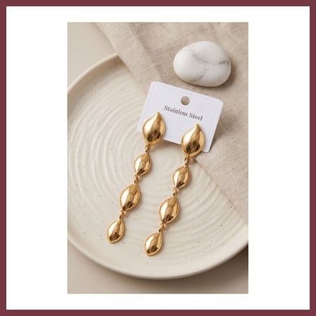 SHNSTORE 316L Çelik Gold Renk Yaprak Motifli Uzun Tasarım Küpe SHN0720