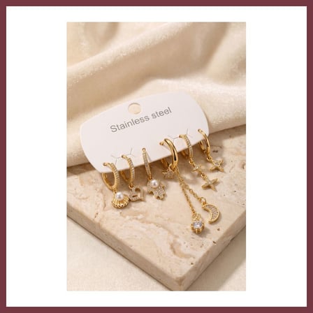 SHNSTORE 316L Çelik Gold Renk Zincir Detaylı Zirkon Taşlı Kadın Küpe Seti SHN0720