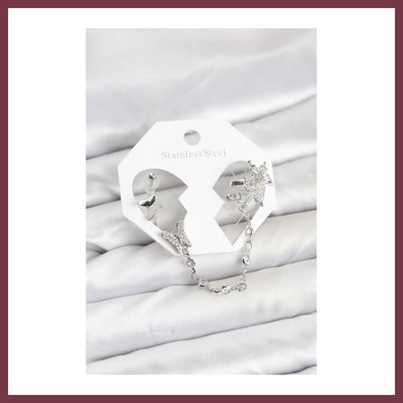 SHNSTORE Pirinç Gümüş Renk Kelebek Model Zincir Bağlantılı Ear Cuff Küpe Seti SHN0720