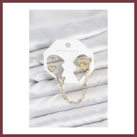SHNSTORE Pirinç Gold Renk Kalp Model Zincir Bağlantılı Ear Cuff Küpe Seti SHN0720