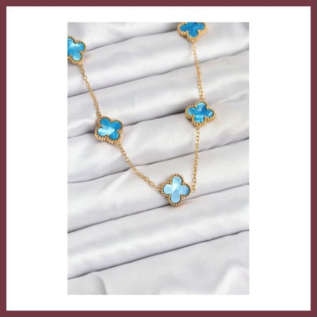 SHNSTORE 316L Çelik Zincir Gold Buz Mavisi Renk Yonca Kolye SHN0720