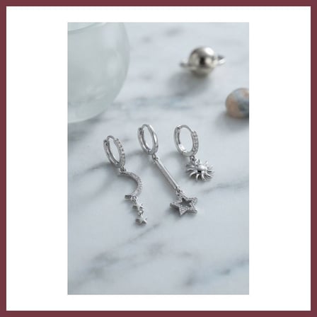 SHNSTORE 3 lü Set Ay Yıldız ve Güneş Model Gümüş Renk Kadın Küpe SHN0720