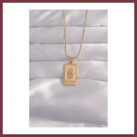 SHNSTORE 316L Çelik Gold Renk Pembe Mineli El Figür Tarot Kolye SHN0720