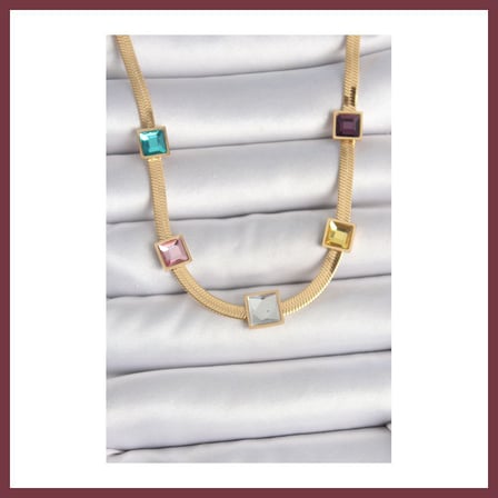 SHNSTORE 316L Çelik Gold Renk İtalyan Zincir Model Kare Renkli Zirkon Taşlı Kadın Kolye SHN0720
