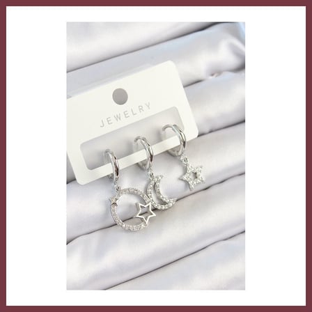 SHNSTORE Pirinç Zirkon Taşlı Ay Ve Yıldız Model Gümüş Renk 3'lü Çift Kadın Küpe Set SHN0720