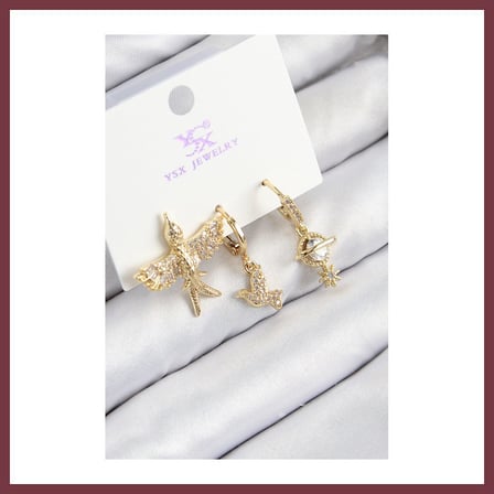 SHNSTORE Pirinç Zirkon Taşlı 3'lü Kuş Model Gold Renk Kadın Küpe SHN0720