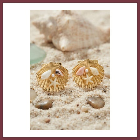 SHNSTORE Gold Renk Deniz Kabuğu Deniz Yıldızı ve Pembe Taş Detaylı Küpe SHN0720
