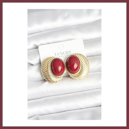 SHNSTORE Pirinç Gold Renk Bordo Boncuklu Oval Vintage Kadın Küpe SHN0720