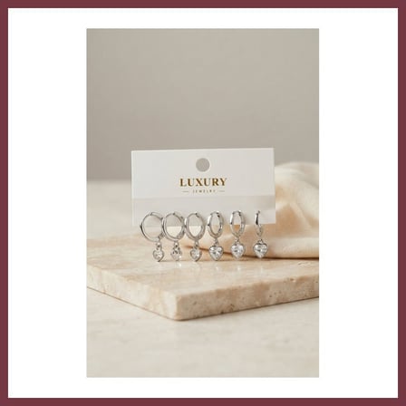 SHNSTORE Kalp Zirkon Taşlı Gümüş Renk Pirinç Set Küpe SHN0720