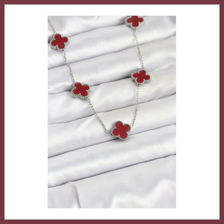 SHNSTORE 316L Çelik Zincir Gümüş Renk Bordo Renk Yonca Kadın Kolye SHN0720
