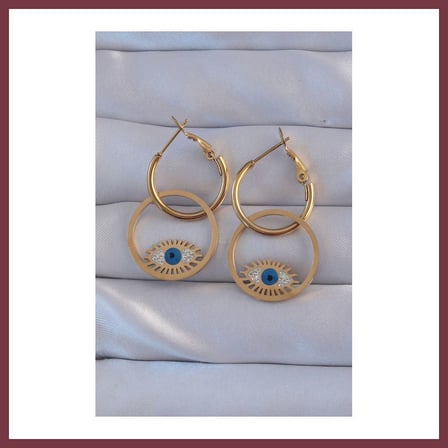 SHNSTORE 316L Çelik Gold Renk Zirkon Taşlı Mavi Göz Tasarımlı Halka Küpe SHN0720
