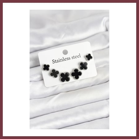 SHNSTORE 316L Çelik Gümüş Siyah Renk 3 Boy Yonca Küpe Seti SHN0720