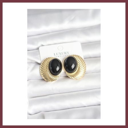 SHNSTORE Pirinç Gold Renk Siyah Boncuklu Oval Vintage Kadın Küpe SHN0720