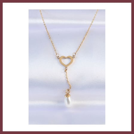 SHNSTORE 316L Çelik Zincir Gold Renk İnci Taş Detay Kalp Kolye SHN0720