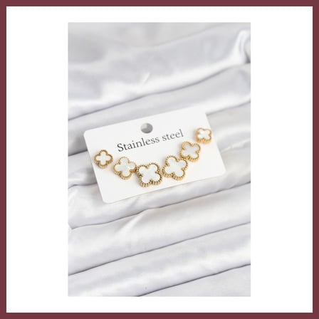 SHNSTORE 316L Çelik Gold Beyaz Renk 3 Boy Yonca Küpe Seti SHN0720