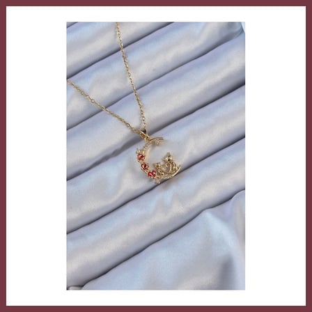 SHNSTORE 316L Çelik Zincir Gold Renk Kırmızı Gül Detay Kedi Figür Zirkon Taşlı Ay Kolye SHN0720