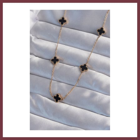 SHNSTORE 316L Çelik Gold Renk Minimal Siyah Mineli Yonca Kolye SHN0720