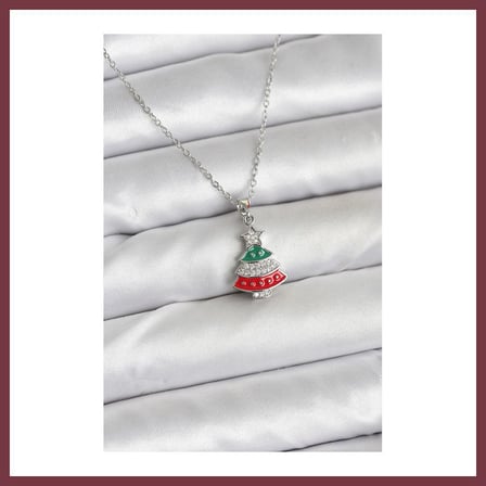 SHNSTORE 316L Çelik Zincir Gümüş Ren Çam Ağacı Model Zirkon Taşlı Yılbaşı Temalı Kadın Kolye SHN0720