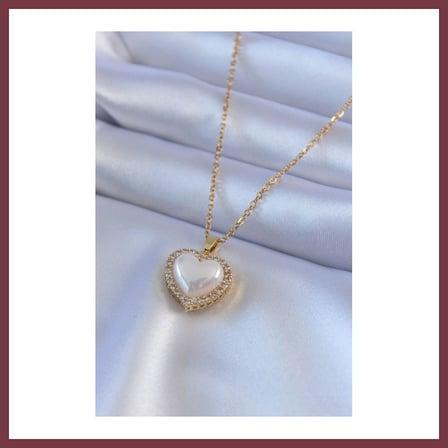 SHNSTORE 316L Çelik Gold Renk İncili Kalp Model Zirkon Taşlı Kadın Kolye SHN0720