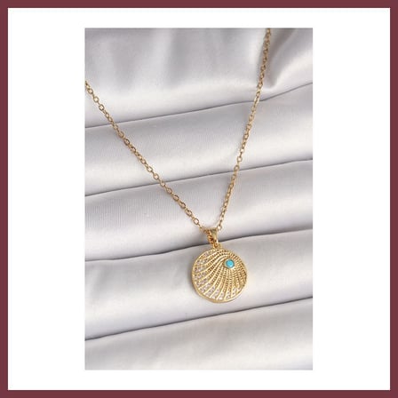 SHNSTORE 316L Çelik Gold Renk Zincir Zirkon Taş İşlemeli Mavi Taş Detaylı Madalyon Model Kadın Kolye SHN0720