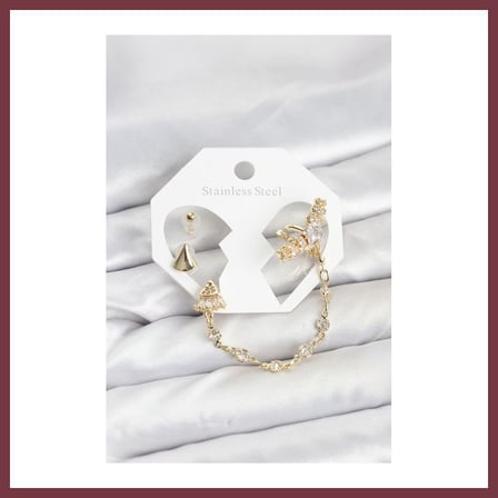 SHNSTORE Pirinç Gold Renk Yıldızlı Model Zincir Bağlantılı Ear Cuff Küpe Seti SHN0720