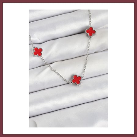 SHNSTORE 316L Çelik Zincir Gümüş Renk Kırmızı Baby Boy Yonca Kadın Kolye SHN0720