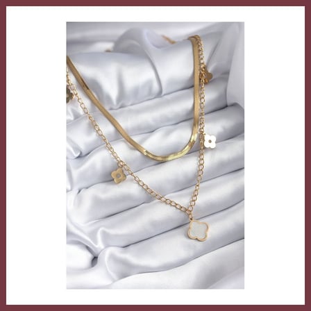 SHNSTORE 316L Çelik Gold Renk 2'li İtalyan Zincir Model Beyaz Yonca Figür Kadın Kolye SHN0720