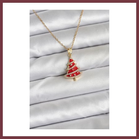 SHNSTORE 316L Çelik Zincir Gold Renk Kırmızı Çam Ağacı Model Yılbaşı Temalı Kadın Kolye SHN0720