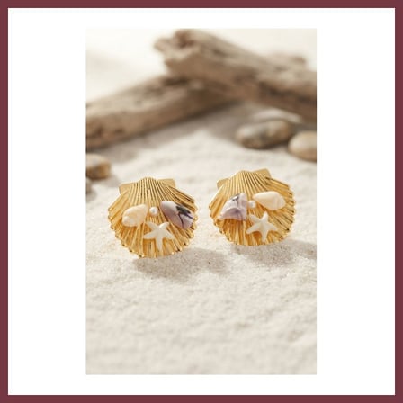 SHNSTORE Gold Renk Deniz Kabuğu Deniz Yıldızı ve Mor Taş Detaylı Küpe SHN0720