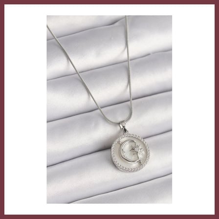 SHNSTORE 316L Çelik Gümüş Renk Zincir Zirkon Taş Detaylı Beyaz Sedefli Ay Yıldız İşleme Kadın Kolye SHN0720
